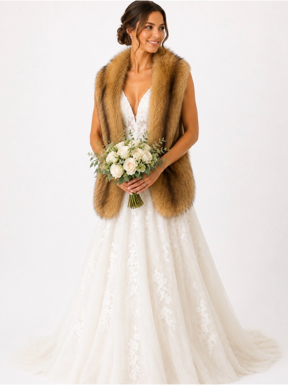 Luxurious Faux Fur Bridal Wrap in Warm Camel